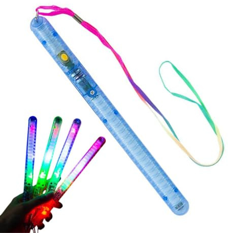 Concert LED Glow Stick - 4 Pieces Neon Color Super Bright Glow Stick with Lanyard, 7 Colors Change Glow Stick with Battery, Flashing Multicoloured Glowsticks for Wedding, Raves