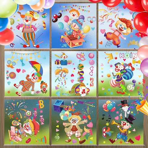 karneval deko,9 sheets Fensterbilder Selbstklebend Clown Fenster Aufkleber Fasching Fenster， Tiere Fensteraufkleber Clown Party Dekoration（20×30cm）