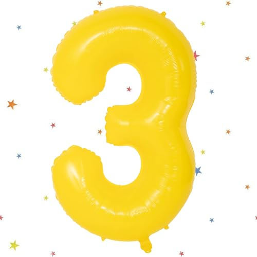 Luftballon Zahl 3, Luftballons 3 Jahre, Gelb, Luftballons 3 Jahre, Geburtstag, Nummer 3, Helium, Luftballons, 101 cm, Zahl 3, Dekoration für Jungen, Mädchen, Geburtstag, Party