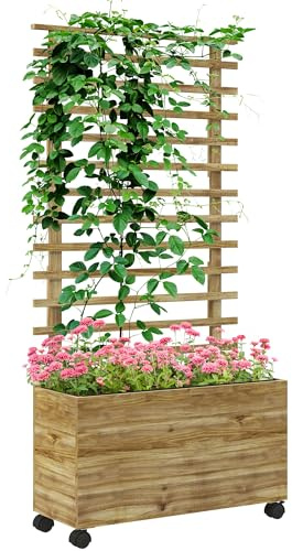 Outsunny Hochbeet Pflanzkasten mit Rankgitter, Rolle, Spalier Pflanzkübel Blumenkasten Holz, Gartenspalier 76x30x155cm für Garten Balkon Terrasse, Blumenkübel für Kletterpflanzen Korbpflanzen, Blumen