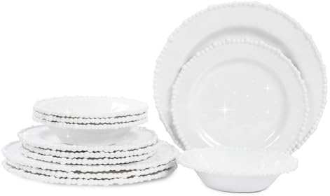 Lechoo White Pearl Melamine Dinnerware Set, 12-Piece Plastic Dinner Dishes Set, Service for 4 Unbreakable Kitchen Plates and Bowls Set
