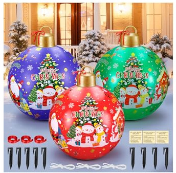 Zourglow 3 Pezzi 24 Inch Palline di Natale Gonfiabile Giganti, Palla di Natale Gonfiabile in PVC, Extra Grande Decorazione Esterni per Domestica, Cortile, Prato Prato Giardino Esterno