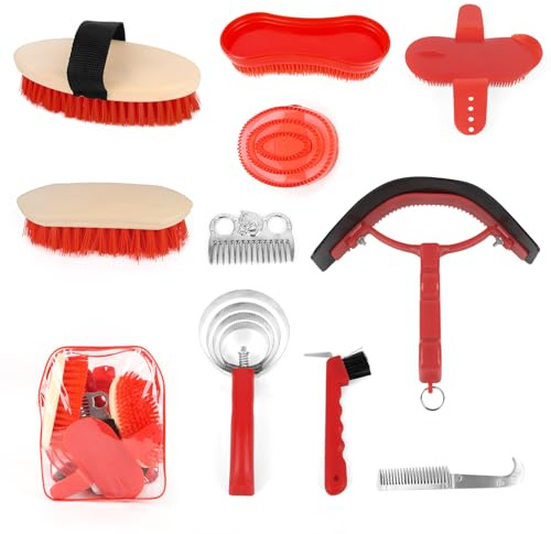 Juego de herramientas de limpieza para caballos, 10 unidades con cepillo suave y duro, cepillo de guantes de goma, barra de masaje ovalada, peine de crines y cola, peine de plástico y acero inoxidable