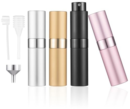 Carehabi 4 atomizadores de perfume, botella de spray vacía de 8 ml, atomizador de perfume de viaje, dispensador de perfume portátil, bolsa de perfume recargable