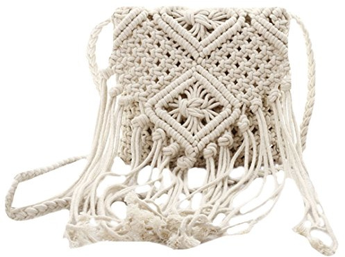 AiSi Damen Mädchen geflochten Strandtasche Quaste Umhängetasche Schultertasche kleine Abendtasche Elegante Handtasche, mit Reißverschluss, weiß