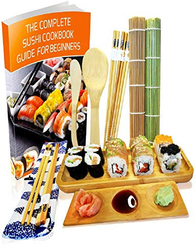 Kit de fabricación de sushi de 11 piezas – Alfombrilla de bambú para sushi y juego de servir – Haz tu propio sushi en casa – 2 alfombrillas, 5 pares de palillos con bolsa, pala, esparcidor, plato de