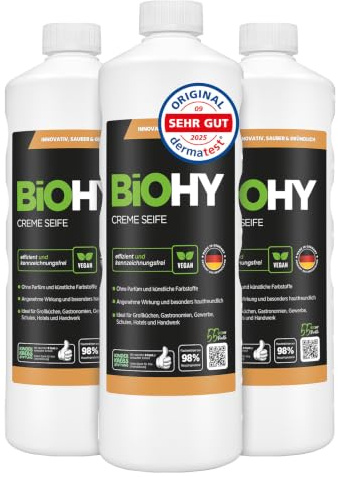 BiOHY Creme Seife (3 x 1 Liter) | Hautschonende, rückfettende & geruchsneutrale Handseife | flüssiger Nachfüllpack mit pflanzlichen Inhaltsstoffen | auch für das Gesicht geeignet