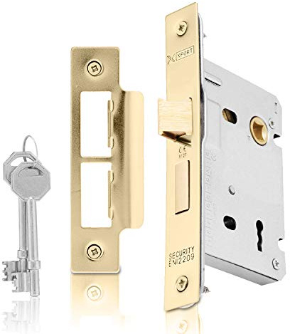 XFORT® 3 Lever Polished Brass Mortice Sashlock 75mm, Door Lock with Key for Internal and External Doors, Door Latch Mechanism and Key Locking Door Security, CE Approved and Fire Rated Protection