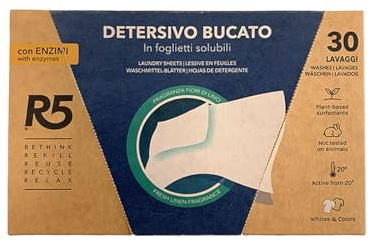 R5, Detersivo Bucato in Foglietti Solubili, 30 Lavaggi, Detersivo in Fogli con Enzimi per Lavatrice o Lavaggi a Mano, per Capi Bianchi e Colorati, Profumo Fiori di Lino, Eco-Formato