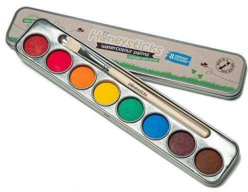 Honeysticks ungiftiges Aquarellfarben-Set für Kinder - 8 leuchtende und langlebige Farben mit Pinsel - natürliche und lebensmittelechte Inhaltsstoffe - kindersicheres Kunstzubehör - tolle Geschenkidee