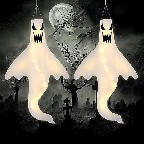 Frienda 2 Pack Halloween Ghost Shape Windsock Flag with Warm White LED Lights, Halloween Outdoor Hanging Decor for Yard Garden Patio Pathway Party Decoration