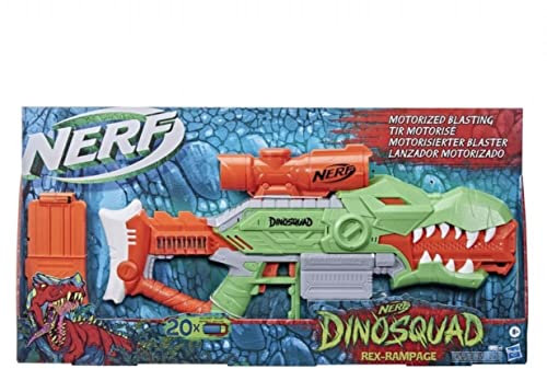 Nerf DinoSquad Rex-Rampage motorisierter Blaster, 10-Dart Clip-Magazin, 20 Nerf Darts, 10-Dart Aufbewahrung, T-Rex Dinosaurier Design