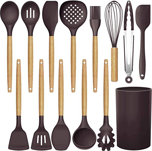 Utensili da cucina in silicone Set di utensili da cucina - 446 ° F Manici in legno resistenti al calore Utensili da cucina grigi Set di strumenti per pentole antiaderenti (Marrone-12pcs)