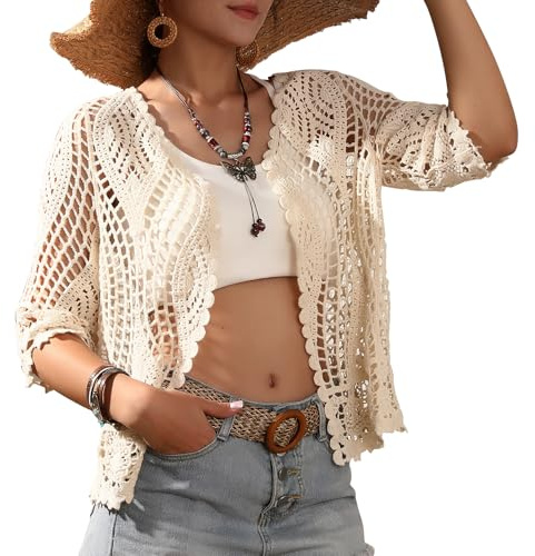 Kimono de plage long en dentelle florale avec crochet pour femme, avec demi-manches - SMDPPWDBB, Beige-a, Taille Unique