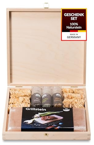 Landkaufhaus Mayer® Grillset Geschenk – 1 Grillstein aus Steinsalz aus der Saltrange in Pakistan Bez. Typ Himalaya, 3 Bio-Gewürzmühlen & 8 ökologische Grillanzünder – Geschenk für Männer