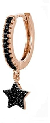 MAISON GIOIELLI FIRENZE - OHANA Mono Orecchino a Cerchio in Metallo con Ciondolo Stella e Zirconi Colorati, Orecchino Singolo Placcato Oro Anallergico Antigraffio e Waterproof (oro rosa, nero)