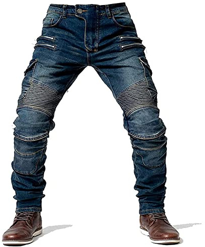 Jeans Moto Uomo, Tuta Abbigliamento Biker e MTB, Pantaloni Slim Fit Moda Adatti Sia per Inverno Che per Estate, 4X Armatura Protezione Airbag (Blue,L)