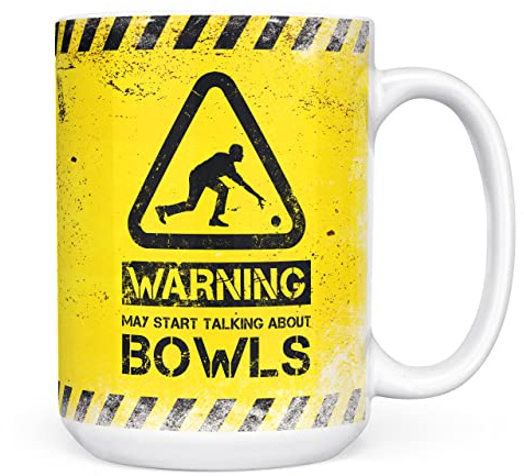 Mug Monster - Warning May Start Talking About Bowls Funny Gift Mug - Ceramic Coffee Cup, Gift for Men or Women, Extra Large and Giant Available, 15oz White