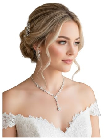 ONDEGO® 3er Set Y SILBER Strass Schmuck Kette Schmuckset Armband Hochzeit Collier Halskette Brautschmuck Kommunion Ball Abiball