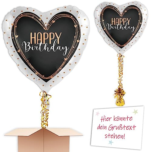 Herz Weiß-Schwarz-Gold Heliumballon inkl. Heliumfüllung, Schmuckbänder, Gewicht und Karte mit Wunschtext als Geschenk oder an Wuschadresse senden
