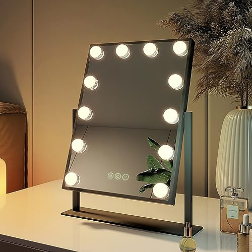 EMKE Hollywood Schminkspiegel mit Beleuchtung 30x41 cm Schwarz, dimmbar | 360 Grad drehbar, 9 LED Lampen, 3 Lichtfarben, Speicherfunktion, Kosmetikspiegel für Schminktisch
