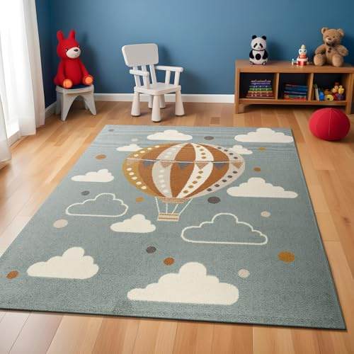 Livabliss Heissluftballon Kinder - Cartoon 160x213 cm, Tier Kinderzimmer oder Babyzimmer, Krabbel oder Spiel - Babymatte für Jungen & Mädchen, Blaugrüne