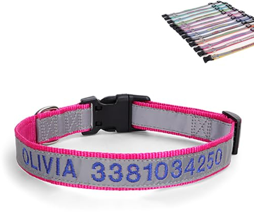 SEVSO Personalisiertes Reflektierendes Hundehalsband, Individuell Besticktes, Personalisiertes Hundehalsband Mit Haustiernamen Und Telefonnummer, Kann Mit Einem Zugseil Verwendet Werden (Rose Red)