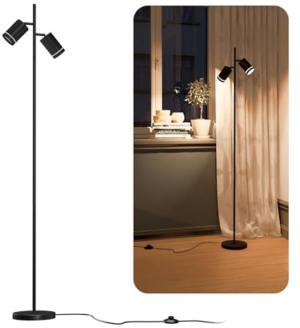 linovum TAVIRA Stehlampe 2-flammig schwarz 150cm GU10 2W warmweiß inkl LED | Stehleuchte 150cm - zwei schwenkbare Köpfe, mit Fußtaster, warmweiß, als Leselampe fürs Wohnzimmer, inkl. GU10 LED