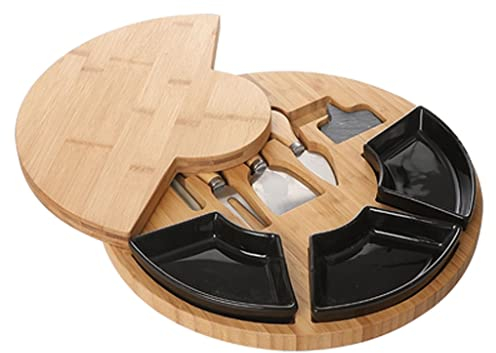 TRoki Juego de tablas giratorias de bambú para charcutería: elegante plato redondo para servir queso con 3 cuchillos y 3 tazones
