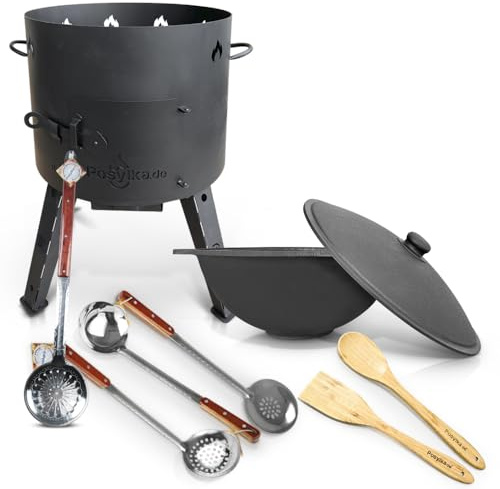 Utschak Feuerofen mit Gusseisen Topf flacher Boden mit Deckel 16 L Ø 44 cm Kazan Holzlöffel, Schaumlöffel für Plov 48 cm, Schöpfkelle für Plov 48 cm, Spachtel Учаг Uchag казан Kasan Oven (Set 6)