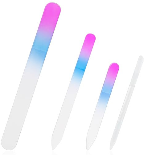 Jeffdad 4 Stück Glasnagelfeile Set, Doppelseitig Glasfeile Verlaufsfarbe Nagelfeile Glas Nagelhautschieber Glas-Manikürestab Professionelle Salon Maniküre Tools Kit für Nagelfplege Geschliffen