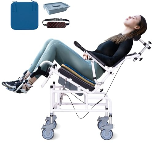 Juiwere Reclining Shower Chair, Medical Shower Chair with Arms and Back Hospital Toilet Chair, Potty Chair for Adults Bathroom Wheelchairs with Soft Seat Cushions and Safety Belts