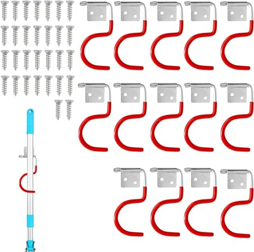 Gartengerätehalter Metallhaken, Besenhalter Werkzeughalter, Gerätehalter Rot Haken, mit 30 Stück schrauben, Gummierung Gartengeräte, Gartenwerkzeug Halterung für Garagen-Ordnungssysteme,15 Stück