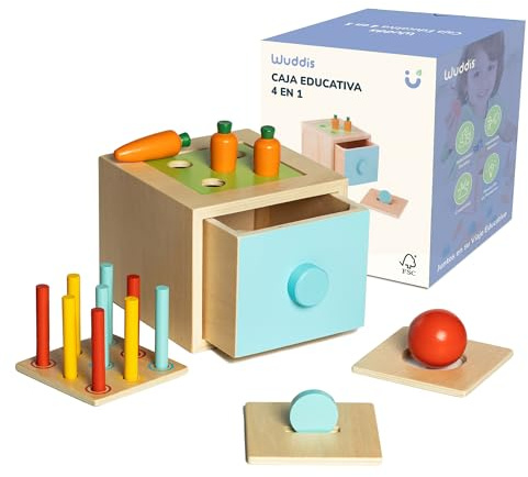 Wuddis Cubo Montessori 1 Anno 4 in 1 - Cubo Multiattivita Legno - Giochi Montessori 1 Anno Legno, Giochi Ecologico e Certificato FSC, Ideale per Apprendimento e Gioco Sicuro