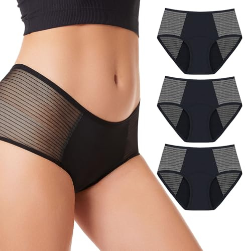 Feel Natural – Pack de bragas Menstruales de encaje – Ropa interior para mujer, color negro, braga lavable antifugas, comodidad higiénica, protección absorbente – Flujo medio – Talla L