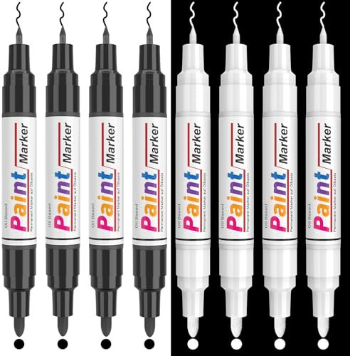 APOGO 8 Pack Oil Based Paint Pens, Dual tip (0.7mm & 2-3mm) Permanent Marker Pens, 4 Black & 4 White Waterproof Paint Markers for Rocks Painting, Tyre, Wood, Metal, Leather, Plastic, Glass