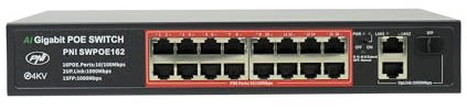 SWPOE162 PNI POE-switch, 16 POE-portar, 100 Mbps 2 UP Link-portar, 1 000 Mbps SFP-port, 240 W, AI förlängningsfunktion upp till 250 m, 4 KV blixtskydd