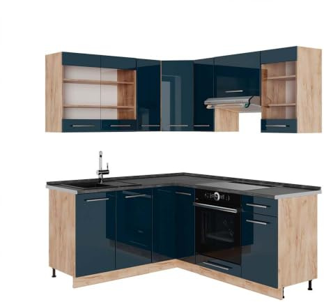Vicco Eckküche Fame-Line, Dunkelblau Hochglanz/Goldkraft Eiche, 160 x 190 cm, AP Anthrazit