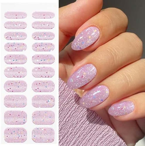 JMEOWIO Gel Nail Stickers Pink Colorful Glitter Semi Cured Gel Nail Strips Wraps UV/LED Nails Art Design Decoration Accessories