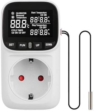 WIYETY Thermostat Steckdose Temperaturregler 230V mit Fühler, Steckdose Thermostat, Heizung Kühlung Temperaturschalter Digital Thermostat Steckdose für Terrarium Reptilien Inkubator Weiß