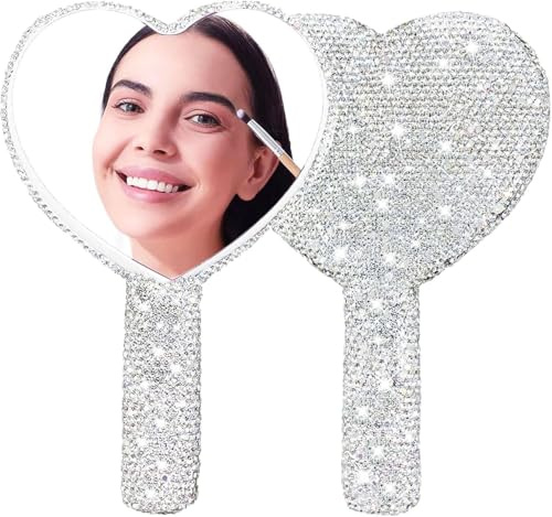 Frinnovan Large Rhinestone Handheld Mirror Heart Bling Glitter Cosmetic Dazzling Portable Hand Mirrors with Handle for Women Wedding Silver White