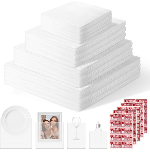Mwellewm 300Pc Packing Foam Pouches Kit with Fragile Label Sheet 4 Sizes Bubble Wrap for Packing Cushion Material Transportation Moving Supplies Kitchen Dish Plate(14x14'',12x12'',12x7.5'',7.5x7.5'')