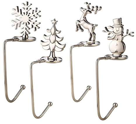 Generisch 4 Stück Weihnachtsstrumpf Haken Halter, Kaminhaken Weihnachten Christmas Hook Weihnachtsstrümpfe Halter Kamin Stocking Holder Christmas Nikolausstrumpf Halter für Kamin Deko (Silber)