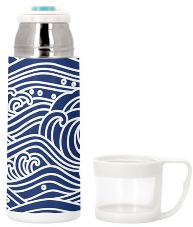 Thermoskanne aus Edelstahl mit integrierter Tasse – Meereswelle, modernes japanisches minimalistisches Motiv Hokusai, einfach, 350 ml – Thermosflasche
