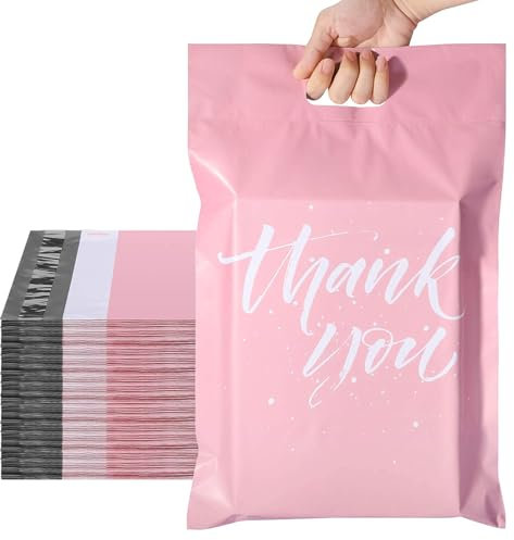 Switory Versandtaschen 12X15,5 (305x394mm), 25 Stück, Umschläge mit Griff, Verpackungstasche für Kleidung, Selbstklebend, leicht zu tragen, wasserdicht und reißfest, Rosa (Thank You)