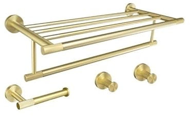 Ensemble porte-serviettes doré brossé avec porte-manteau, porte-papier toilette et kit d'accessoires 4 pièces Set A