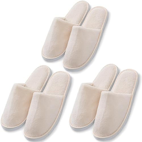 JISRKP 3 Pcs Disposable Hotel Slippers, Soft Coral Fleece Spa Slipper For Women, Hotel Travel Spa Portable Slippers Home Guest Indoor, Unisex Padded Sole Guest Sli-ppers, Beige