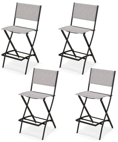 TANGZON Outdoor Bar Stools Set of 2, Folding Bar Chairs with Backrest, Footrest & Anti-slip Foot Pads, Counter Garden Dining Chairs for Patio Poolside Backyard Balcony Lawn (Grey, 4 Pcs)