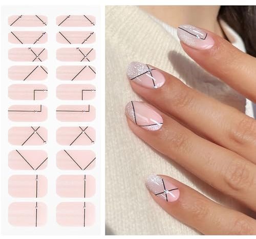 JMEOWIO Gel Nail Stickers Cat Eyes French Tip Semi Cured Gel Nail Strips Wraps UV/LED Nails Art Design Decoration Accessories
