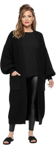 LUXFAB Women's Oversized Balloon Sleeve Long Chunky Ribbed Open Knitted Maxi Jumper, 2 Pocket Cardigan Boyfriend Sweater Top UK Sizes 8-22 (UK, Numeric, 20, 22, Plus, Regular, Black)